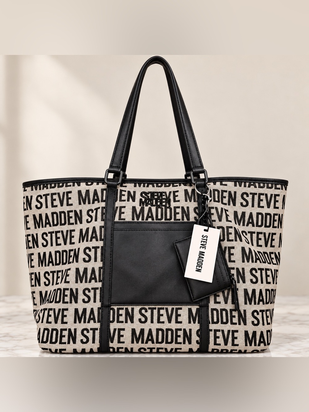 Large Steve Madden Print Tote Bag Black & gray  NWT 2 fer with card see photo